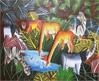 Jungle Animals, African Folk Art, Acrylic on Art