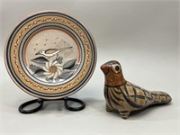 Tonala Mexican Folk Art Pottery Bird & Plate