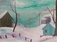 Naive Twilight Winter Country Landscape, Oil on