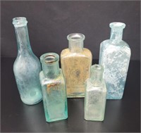 5 Antique Medicine Apothecary Aqua Glass Bottles