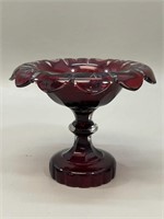 Ruby Red Cut to Clear Crystal Pedestal Bowl