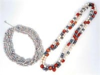 Lot of Two Multihued Pearl Necklaces w/ Coral.