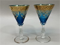 2 Ornate Blue & Gold Glasses, Gold Coloured Rim
