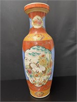 Lg Chinese Orange Porcelain Floral CraneFloor Vase