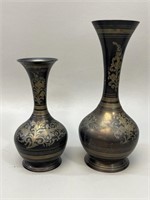2 BRASS VASES INDIA Black Lacquered Metal Etched