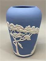 ECanada Art Pottery Blue Vase, White Decoration,