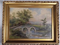 Antique English Bridge Landscape, Oil on Canvas