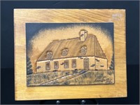 Farm House, Embossed Leather on Wood Plank, Signed
