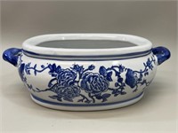 Vtg Chinese Blue & White Oval Bonsai/Plant Pot