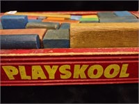 Vintage PlaySkool Wooden Rolling Wagon w/Blocks