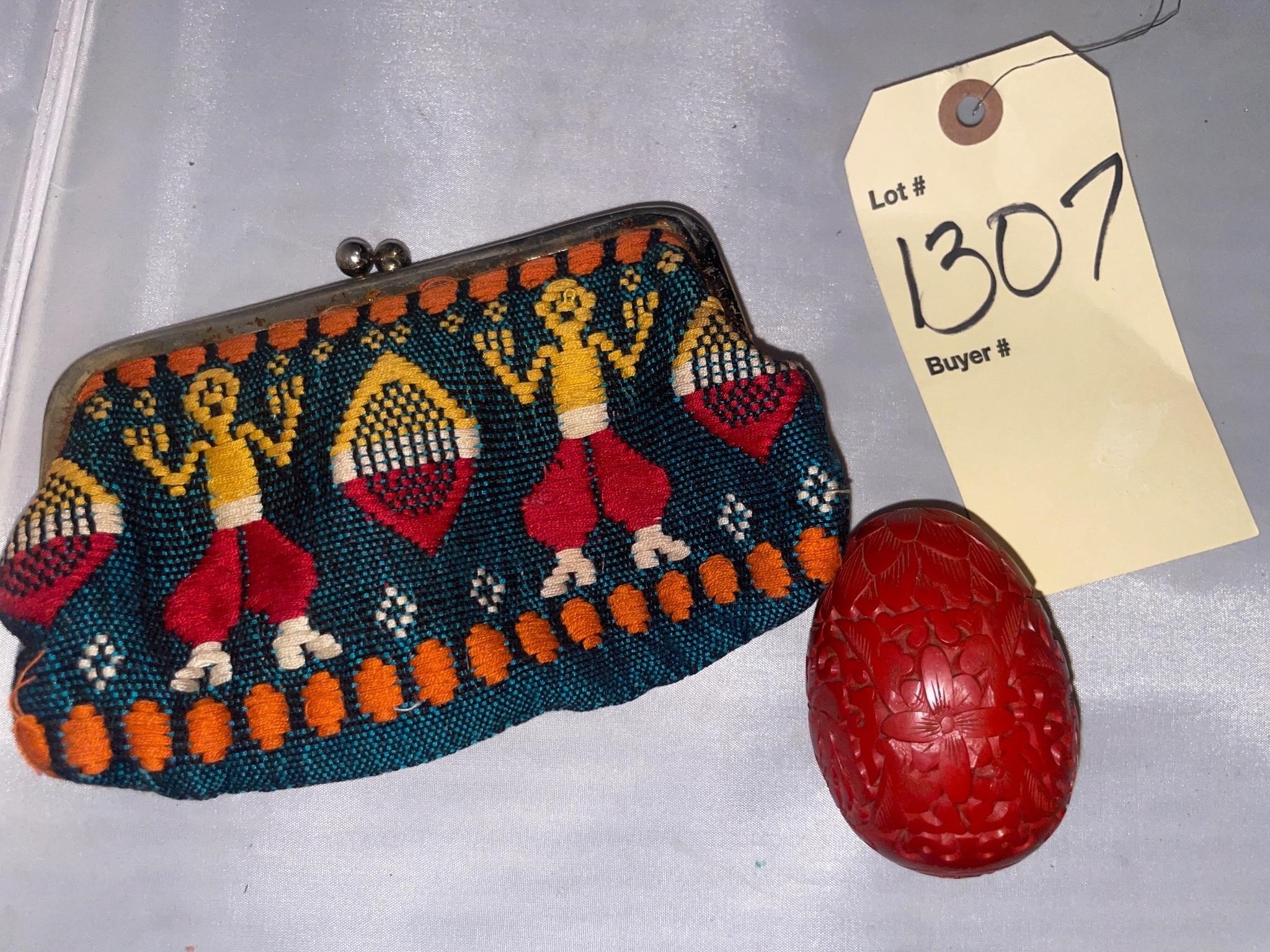 MEXICO CLUTCH PURSE AND WOODEN DECORATIVE EGG