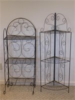 2- black wrought iron 3 tier shelves one is a