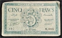 1942 Algeria 5 Francs Note - 888 Serial Number!