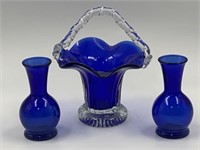 Vintage hand blown cobalt blue art glass basket
