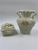 Porcelain Bisque embossed vase and trinket dish