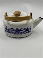 White with blue floral design, enamelware teapot