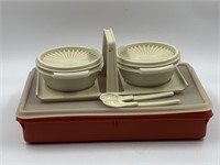 Tupperware condiment caddy with covered bowls,