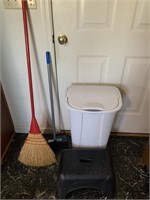 stepstool, trashcan, broom, and dustpan with