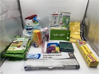 Box lot of kitchen supplies, green bags, foam
