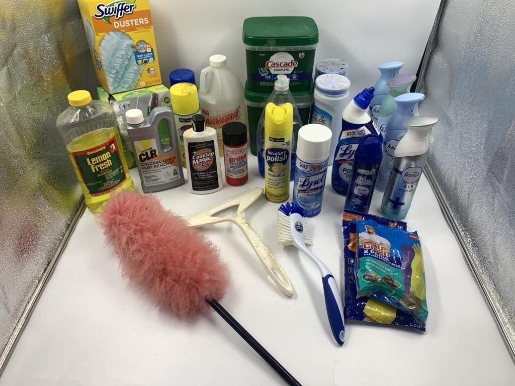 Box lot of cleaning supplies, cooktop magic CLR