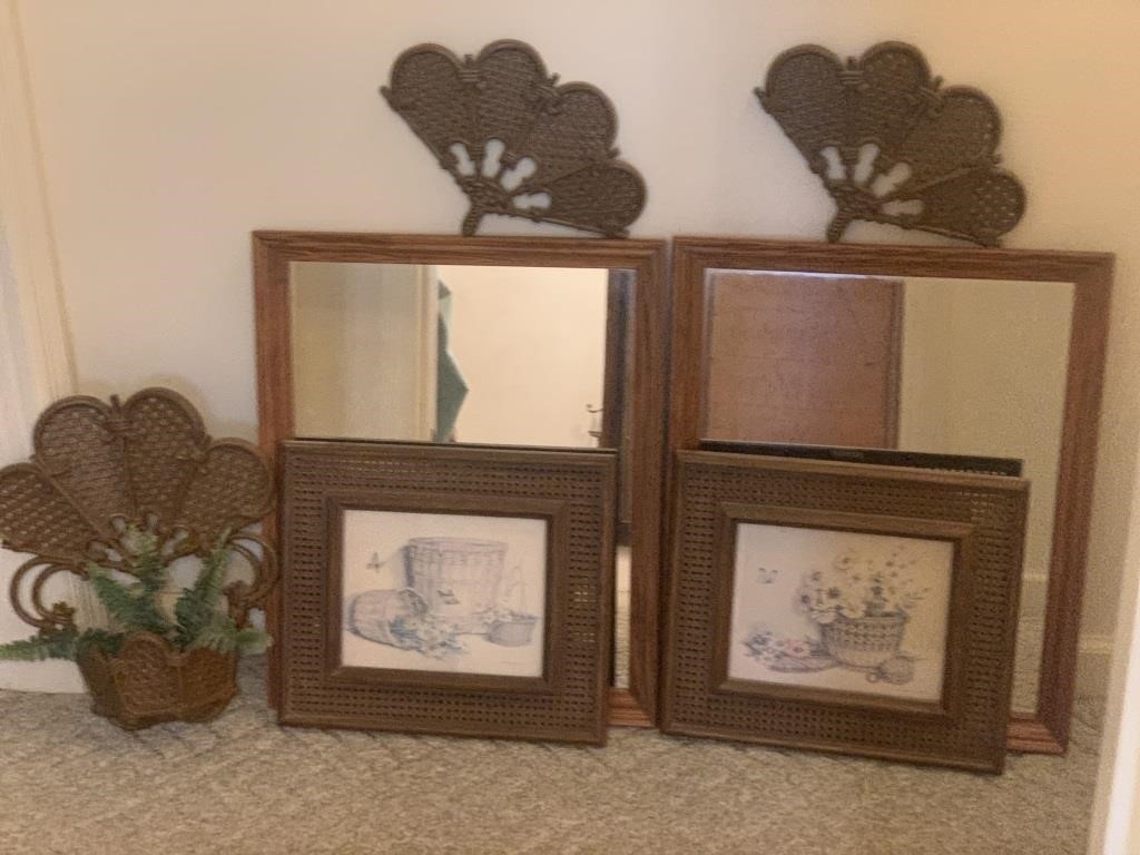 2 wooden framed mirrors and vintage wall decor
