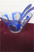 M/C Blue Glass Salad Bowl & Tosser Utensils