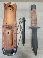 Survival Knife w/ Leather Sheath Leather Wrapped