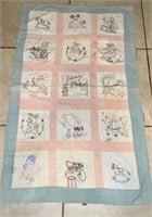 Vintage Hand Stitched Embroidered Baby Quilt 55x38