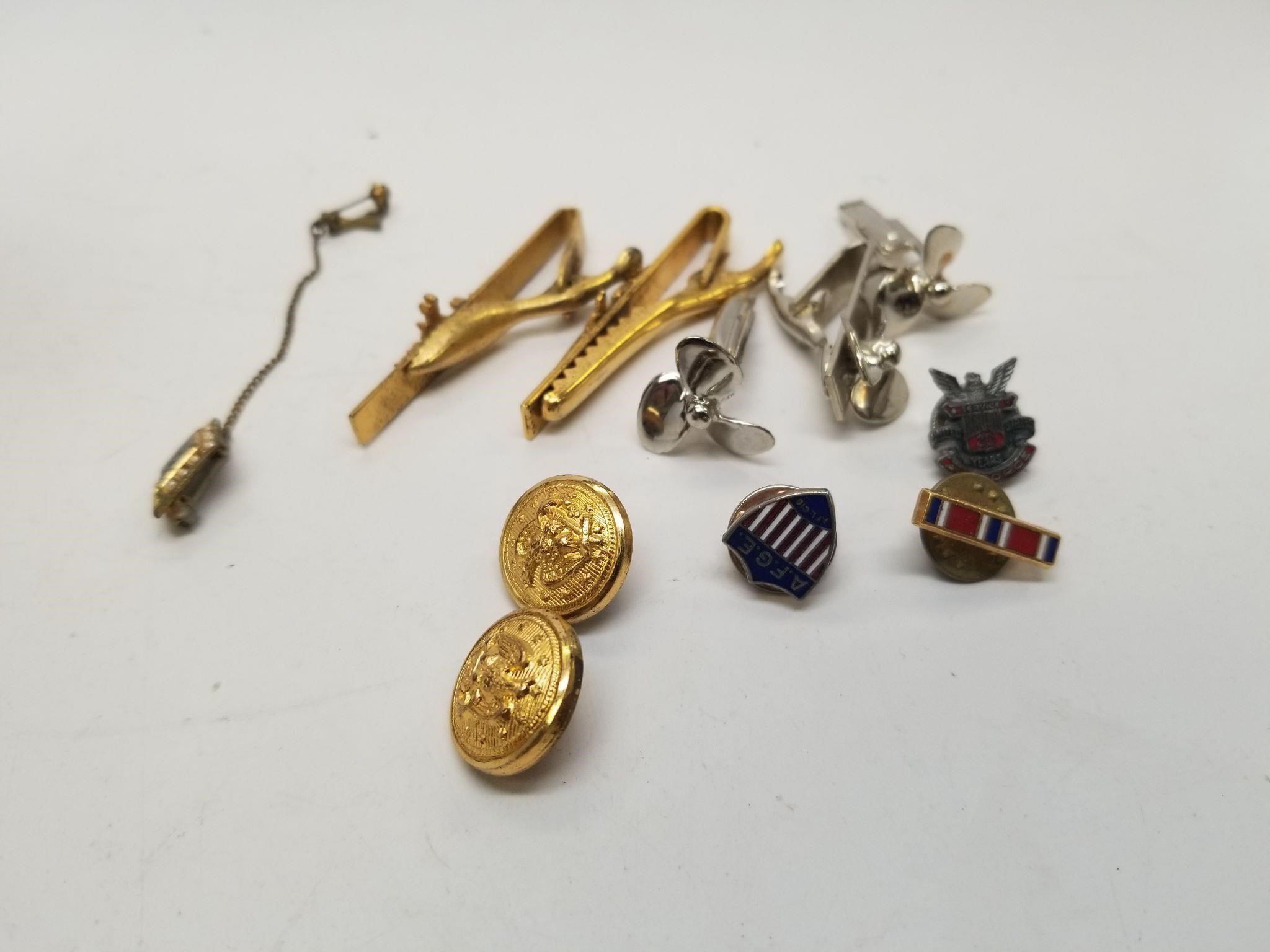 Assorted Military Pins, Clips, and Buttons