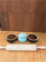 Lot of rolling pin,blue pottery & soup