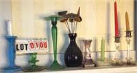 lot glass candlesticks, stoneware vase/flowers