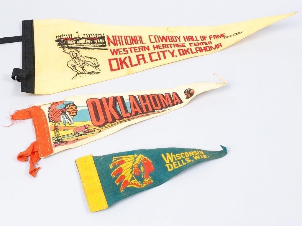 3 Vintage Souvenir Oklahoma & Wisconsin Pennants