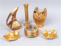 Gold Decorated Vase, Coasters & Candlesticks