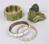Rhinestone Frog & Other Green & White Bracelets
