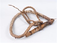 Old Braided Leather Whip w/Wooden Handle