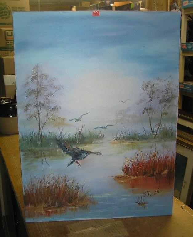 Duck and wildlife themed oil on canvas painting