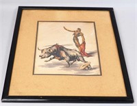Framed Signed Original Watercolor Bull Fight