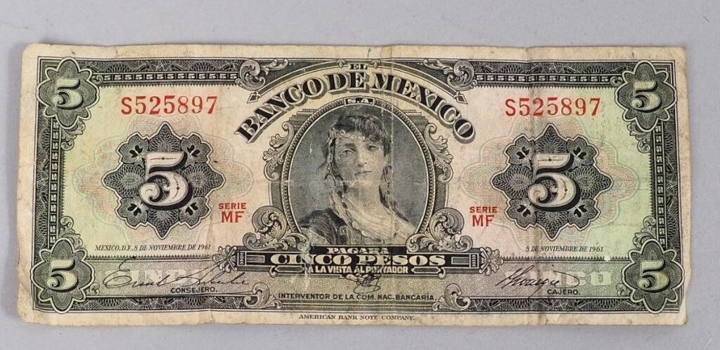1961 Mexico 5 Pesos Gypsy Mexican Bank Note