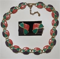 PINK & GREEN COLLAR NECKLACE & EARRINGS SET