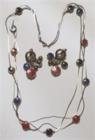RED BLUE GOLD TONE NECKLACE & EARRINGS SET