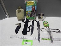 Canteen, thermal blanket, hunting knives and more