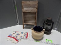 Lantern, stoneware pot, cloth napkins and primitiv