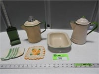 Enamelware, match holder, crocheted pot holders