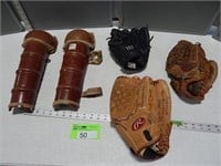 Baseball gloves and shin guards