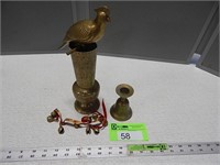 Brass vase, bird, bells and candleholder/bell