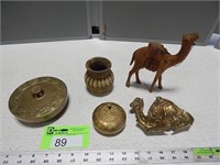 Brass items, pottery vase and wood carved camel