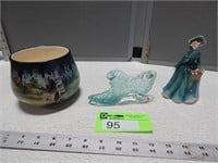 Czechoslovakia vase, glass boot and lady figurine