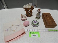 Dresser box, trinket boxes, figurines, cupid vase
