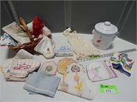 Selection of linens, apron, crochet pot holders in