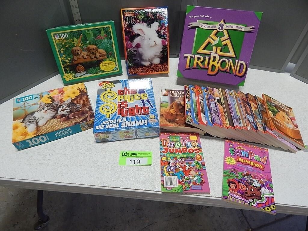 Puzzles, board game and kid's books